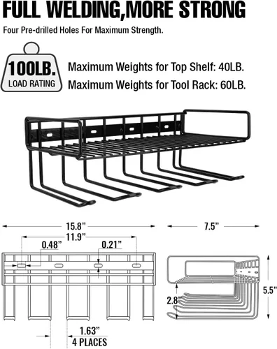 Miniatura 3 de UNITEDPOWER Soporte organizador de herramientas eléctricas montado en la pared, estante de almacenamiento resistente con estante para herramientas