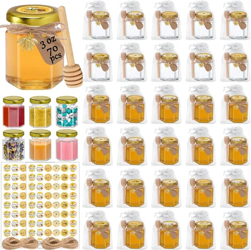 Miniatura 9 de Aliggbent Paquete de 48 mini tarros de miel para fiestas a granel, tarros de miel pequeños hexagonales de vidrio de 1.5 onzas con varitas de miel