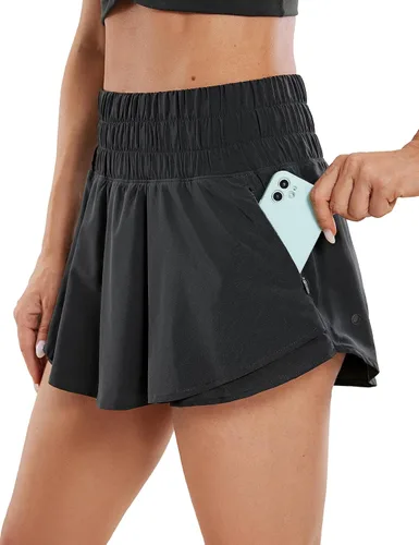 CRZ YOGA Pantalones cortos deportivos para mujer, cintura alta, falda con volantes, superpuesta, entrenamiento, correr, tenis, pantalones cortos con