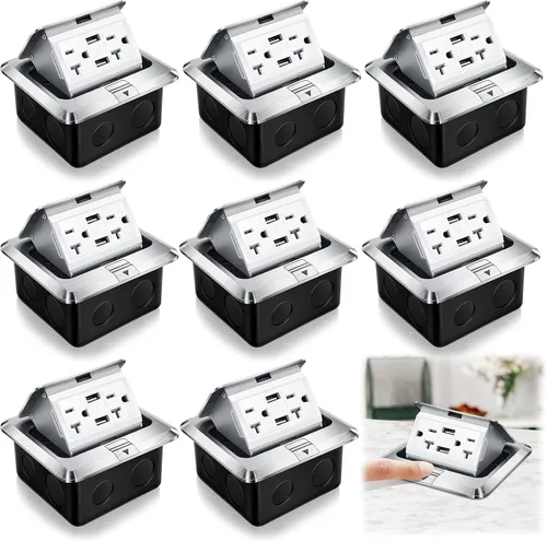 Miniatura 14 de Hoolerry Kit de 1 caja de cubierta de toma de corriente eléctrica de piso desplegable con cargador USB de 4.8 A, 20 amperios, impermeable