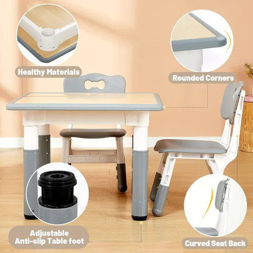 Miniatura 5 de FUNLIO - Juego de mesa y 4 sillas para niños, mesa y sillas ajustables en altura para niños de 3 a 8 años, mesa fácil de limpiar para manualidades