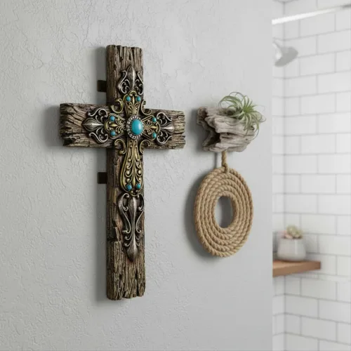 Miniatura 4 de Comfy Hour Cruz de pared de madera sintética rústica de 12 pulgadas con detalles turquesa, placa religiosa victoriana ornamentada, decoración