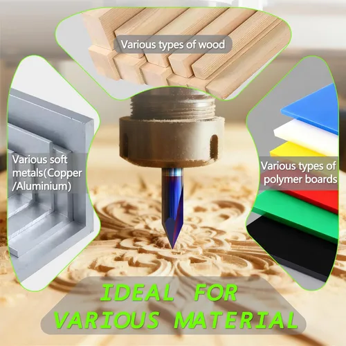 Miniatura 5 de Juego de brocas de grabado CNC para tallado de madera, vástago de 1/4 de pulgada, 15°, 20°, 60°, 90°, brocas de grabado con revestimiento nano azul