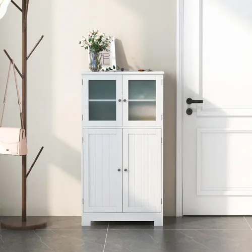 Miniatura 9 de Giantex Armario de almacenamiento con puertas – Armario de piso de baño, armario alto independiente con 2 puertas de vidrio templado, estante Blanco