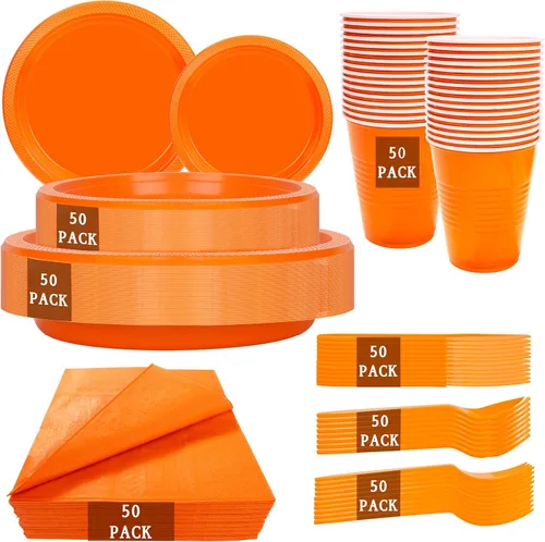 Miniatura 10 de MirthMood - 350 platos desechables negros, platos negros, suministros de plástico para fiestas, incluye 50 platos llanos, 50 platos de ensalada, 50