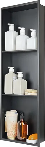 Miniatura 17 de Nicho de ducha empotrado de 24 x 12 pulgadas con estantes dobles, inserto de pared de acero inoxidable negro mate, no necesita azulejos
