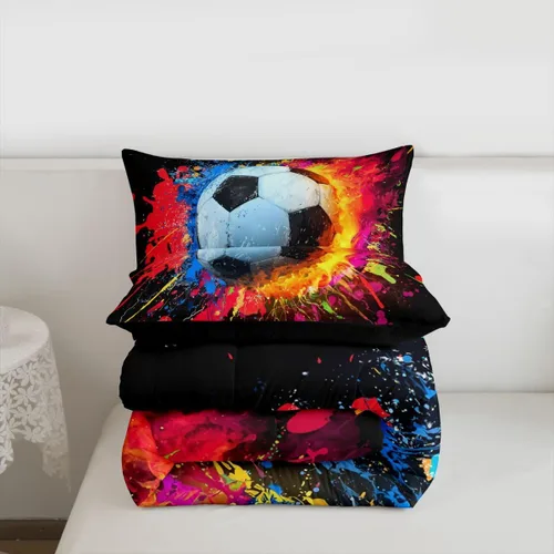 Miniatura 7 de Juego de edredón de fútbol de tamaño completo para niños varones, juego de ropa de cama deportiva de fútbol para adolescentes, colorido, grunge