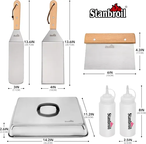 Miniatura 2 de Stanbroil Juego de 6 accesorios para parrilla de barbacoa, raspador de acero inoxidable resistente, espátula, cubierta de hilvanado y botellas