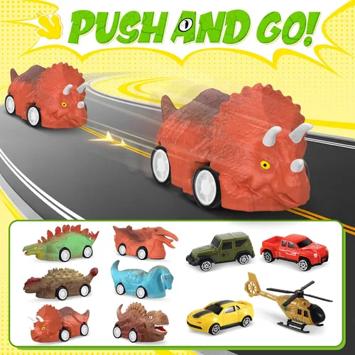 Miniatura 6 de SpringFlower Juguetes de dinosaurio 11 en 1, juguetes de dinosaurio para niños de 3 a 5 años, camión de dinosaurios con 10 autos de tracción hacia
