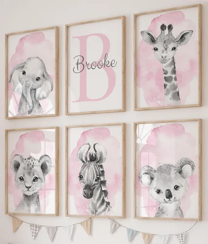 Miniatura 11 de Juego de 3 pósteres de animales de safari para niñas, habitación del bebé, sin marco, con nombre personalizado, flores rosas o moradas, decoración