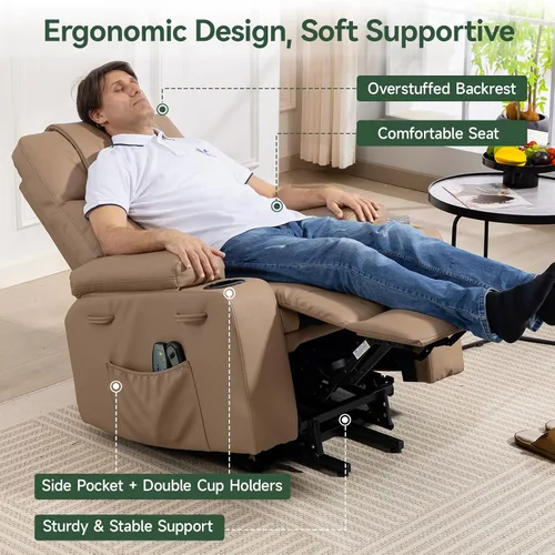 Miniatura 6 de Silla Reclinable con Elevación Eléctrica para Personas Mayores con Calor y Masaje, Sillón Reclinable de Cuero PU Eléctrico Ajustable 160° con Marrón