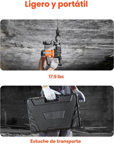Miniatura 3 de VEVOR Martillo de demolición Jack Hammer, MAX 1400W Martillo eléctrico de alta resistencia, rompedor de concreto 2900 BPM 2 piezas de cinceles