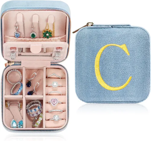 Parima Regalos de cumpleaños para mujeres y niñas, estuche organizador de joyería de viaje de terciopelo de felpa, inicial, pequeño, azul, artículos