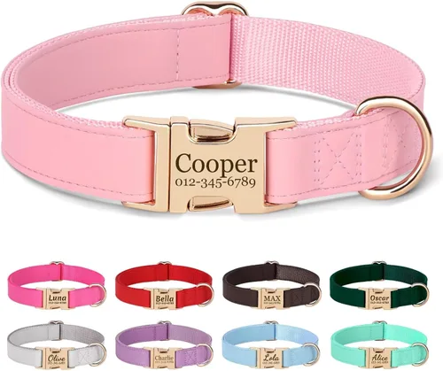 PET ARTIST Collares de perro personalizados, collar de perro rosa grabado personalizado con etiqueta de nombre silenciosa, hebilla dorada de