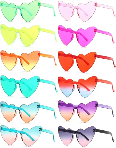 LIULIUBTY Gafas de sol sin montura en forma de corazón, gafas de sol geniales para despedida de soltero, paquete de 12 gafas de sol coloridas