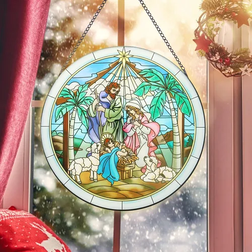 MUMTOP Escenario colgante de vitrales para ventana, 11 pulgadas, belén de Navidad, adornos colgantes, panel de vidrio pintado a mano, decoración del