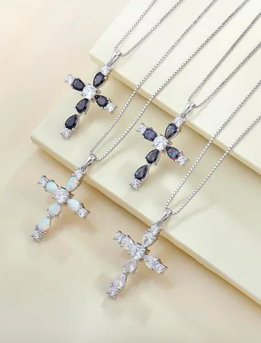 Miniatura 71 de YL Collar de cruz de plata de ley 925 con colgante de piedra natal religiosa para mujer