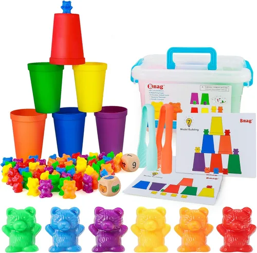 Bmag Contando osos con tazas de clasificación a juego, juegos de aprendizaje de matemáticas preescolar con 2 dados, juguete educativo STEM de