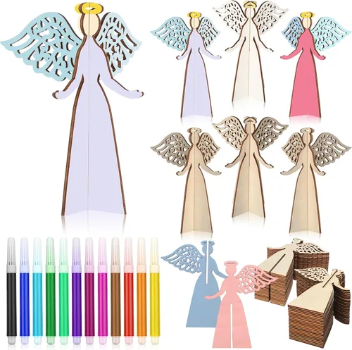 Huwena Kit de manualidades de ángel de Navidad de 72 piezas, 48 recortes de ángel 3D de madera con 24 marcadores de colores, rebanadas de madera sin