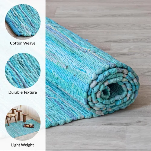 Miniatura 3 de HOMEMONDE Alfombra reversible de trapo de 2 x 6 pies, color verde azulado, de algodón suave, hecha a mano, estilo bohemio, decoración del hogar
