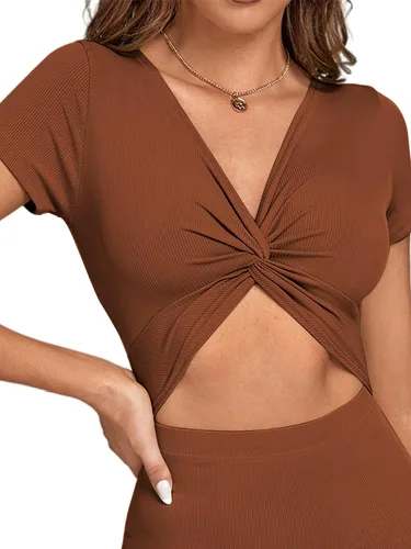 Miniatura 7 de LYANER Vestido midi de punto de manga corta con cuello en V y corte frontal para mujer