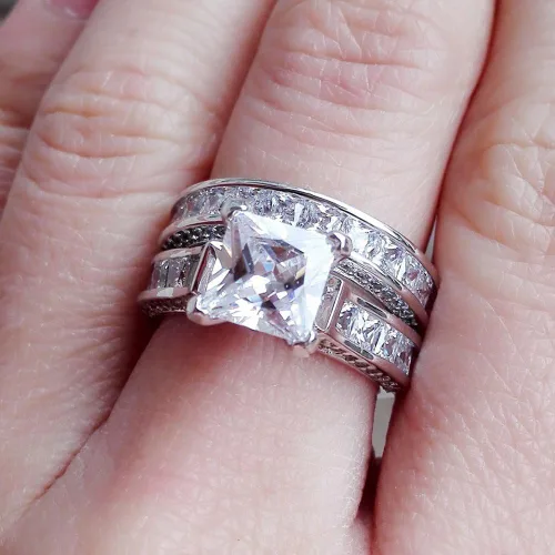 Miniatura 4 de Luxury and Shining - Juego de anillos de compromiso 2 en 1 para mujer, diseño vintage de diamantes blancos y plata