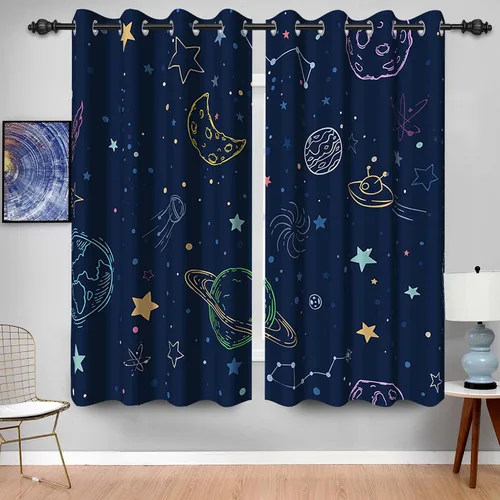 Miniatura 15 de Cortina opaca con diseño de dibujos animados para niños, diseño de luna, estrellas, planetas, cortinas de oscurecimiento con ojales inoxidables Azul