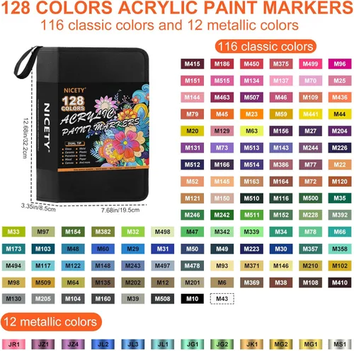 Miniatura 8 de NICETY 128 marcadores de pintura acrílica, bolígrafos de pintura de doble punta para pintura en roca, madera, vidrio, piedra, lienzo, cerámica, tela