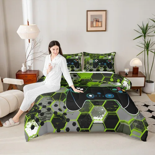 Miniatura 24 de Manfei Juego de edredón moderno de 2 piezas con estampado de consola de videojuegos de panal azul con 1 funda de almohada, juego de ropa de cama