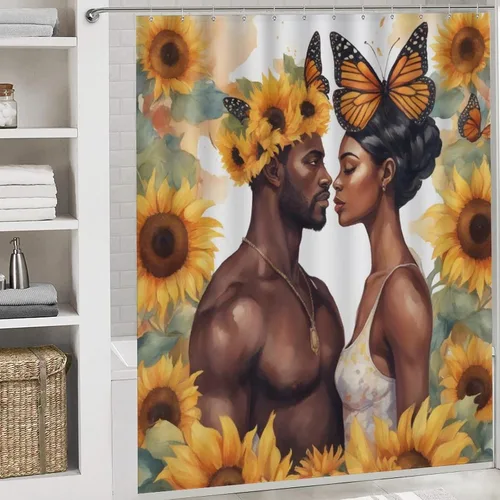 Miniatura 6 de Juego de 3 tapetes de baño de amor romántico para parejas afroamericanas, juego de 3 tapetes de baño para baño, cubierta lavable, decoración