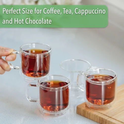 Miniatura 8 de BTAT - Tazas de café de vidrio apilables de doble pared, 8 onzas, juego de 4, tazas de café de vidrio con asa, taza de café transparente aislada