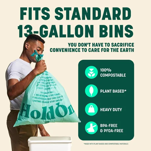 Miniatura 2 de HoldOn Bolsas altas compostables con cordón de cocina, 13 galones, resistentes a las fugas, bolsas de cocina de triple capa a base de plantas