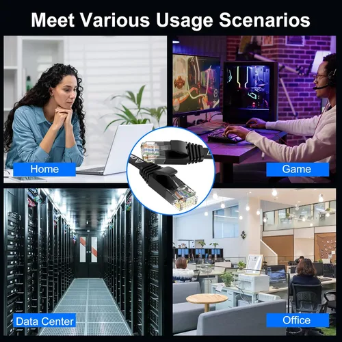 Miniatura 9 de Cable Ethernet Cat 6 de 30 pies, para interiores y exteriores, cable de red plano de Internet de alta velocidad de 10 Gbps, cable de conexión Negro