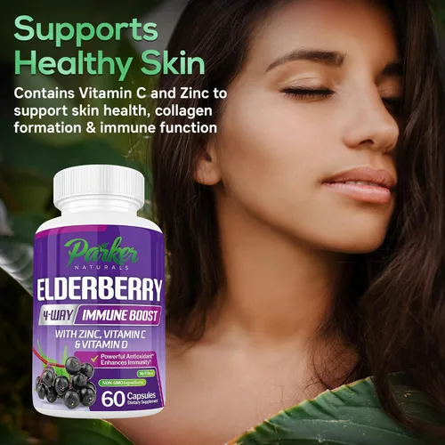 Miniatura 3 de Parker Naturals Cápsulas orgánicas de saúco, 4 vías de refuerzo inmunológico de saúco, vitaminas C, D y zinc, 1260.1 mg suplementos de saúco