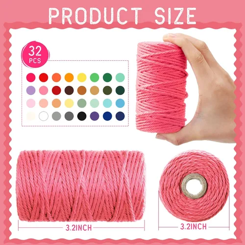 Miniatura 2 de Kenning 32 Rollos de Cuerda de Macramé 4 Hilos 3 mm x 1760 Yardas de Cuerda de Algodón Natural a Granel Cuerda de Algodón Colorida para Manualidades