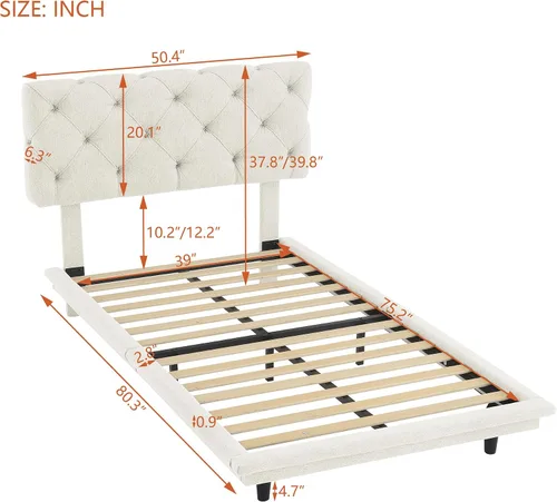 Miniatura 2 de Cama de plataforma flotante, marco de cama de madera tamaño individual con rayas claras, tela de lino suave y cabecera de diseño capitoné