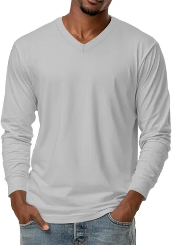 Miniatura 11 de Camiseta para hombre, manga larga, cuello en V, color liso, informal, básica, suave, elástica, M-3XL