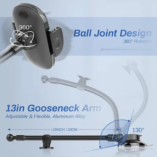 Miniatura 6 de OQTIQ Soporte para teléfono de automóvil de cuello de cisne de 13 pulgadas, soporte para parabrisas y tablero con ventosa fuerte, estabilizador