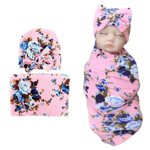 DRESHOW BQUBO Manta de Recepción para Recién Nacido con Conjunto de Gorro con Lazo Estampado de Flores Manta Envolvente para Bebé con Gorro 1 juego