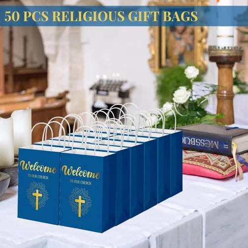 Miniatura 5 de Chuangdi 50 bolsas de regalo de bienvenida a la iglesia, bolsas de papel cristiano con asas para invitados, día de la madre, baby shower, Azul