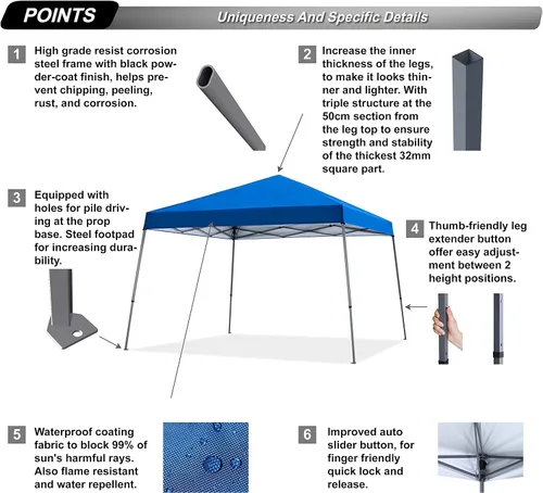 Miniatura 4 de ABCCANOPY - Toldo autodesplegable y estable para exteriores, base de 10 x 10 pies, parte superior de 8 x 8 pies, color azul cielo