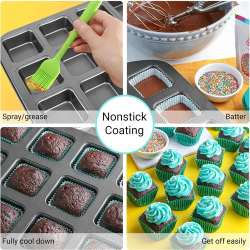 Miniatura 2 de Beasea Bandeja para brownie con divisores, 2 juegos de moldes cuadrados para cupcakes para brownies, 12 mini cavidades antiadherentes para hornear