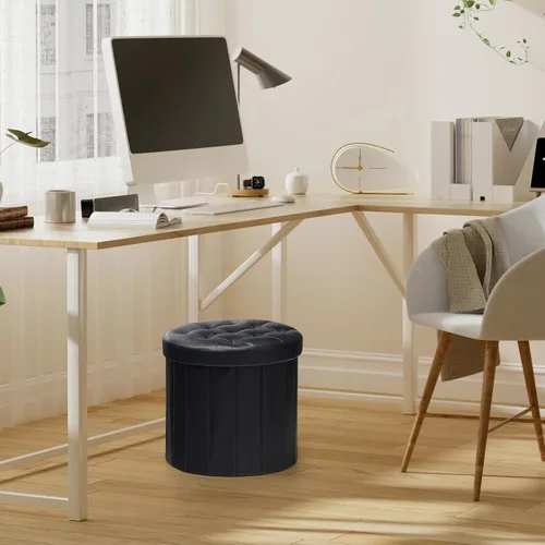 Miniatura 7 de Bsketa® Otomana plegable redonda de almacenamiento de 14 x 14 x 13 pulgadas, taburete de pie con asiento acolchado de espuma más gruesa, banco Negro