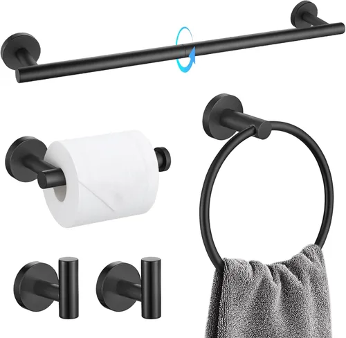 TQKAG Juego de accesorios de baño negro mate, 5 piezas, juego de barra de toalla de acero inoxidable SUS304 juego de estante de toallas redondo de