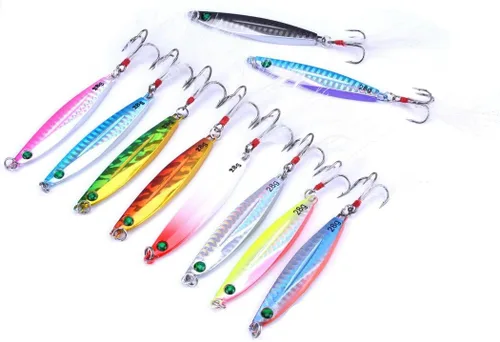 Miniatura 9 de Aorace 10 piezas de metal duro jigs buceo pesca mar señuelos minnow Popper cebos aparejos Crankbait agua salada señuelos de agua dulce con pluma