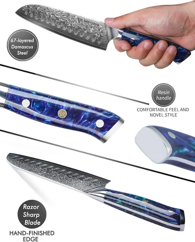 Miniatura 3 de Cuchillo Santoku - 17,78 cm - Serie Xuan - Cuchillo de cocina de acero VG10 Damasco - Mango de resina (Azul zafiro)