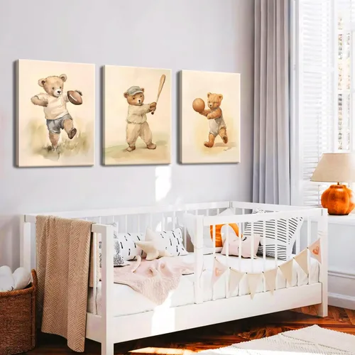 Miniatura 6 de Conjunto de 3 cuadros de arte de pared de osos de rugby deportivos para guardería – Cuadros de osos bebés vintage bonitos, pinturas, pósteres