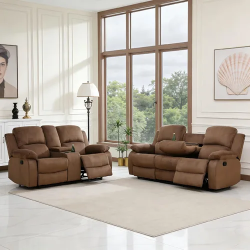 Miniatura 30 de Sofá reclinable manual moderno, sofá reclinable de cuero de 3 plazas, sofá reclinable de sala de estar, sofá con portavasos y mesa abatible