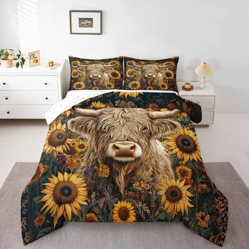 Miniatura 19 de Erosebridal Highland Cow - Juego de edredón tamaño matrimonial, juego de ropa de cama de toro de cuerno largo occidental para niños y adultos, Verde