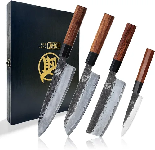 Juego de cuchillos de chef japoneses MITSUMOTO SAKARI 4 piezas, juego de cuchillos de chef de cocina profesional forjado a mano, juego de cuchillos